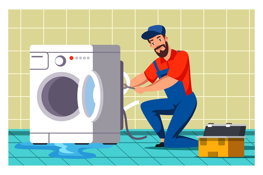 Plumber character repairing washing machine in bathroom. Service master call, handyman eliminating leakage with tools