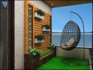Balcony has a White Upholstered Chair with Wooden Coffee