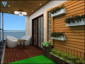 Balcony has a White Upholstered Chair with Wooden Coffee