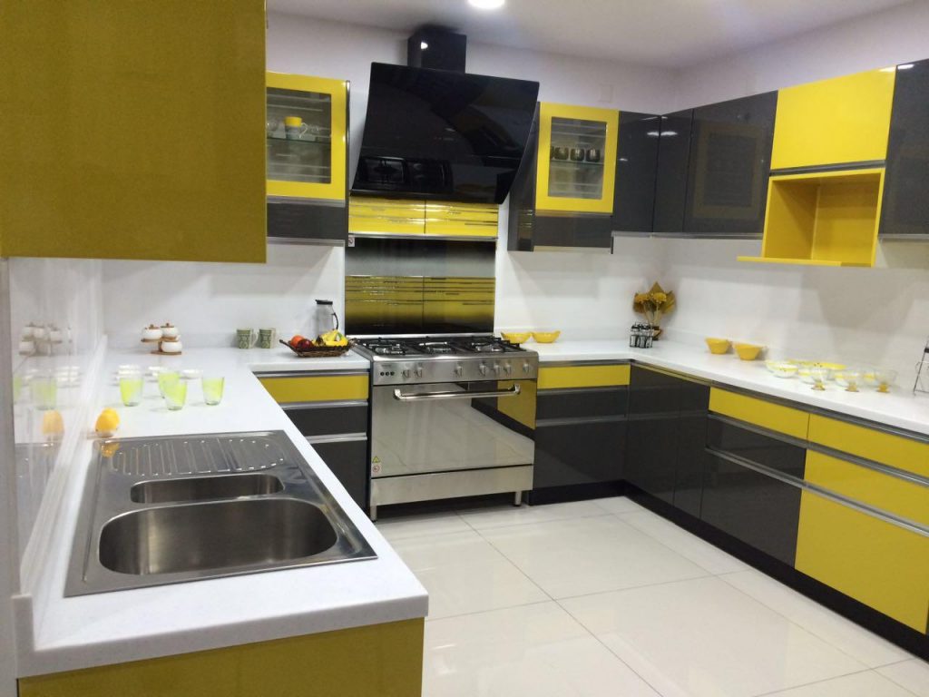 Black yellow Theme U Shaped Kitchen
