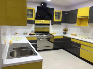 Black yellow Theme U Shaped Kitchen
