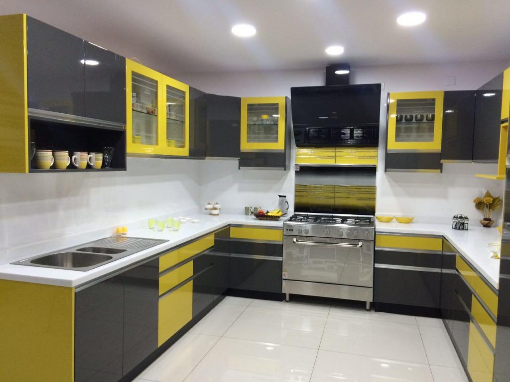 Black yellow Theme U Shaped Kitchen