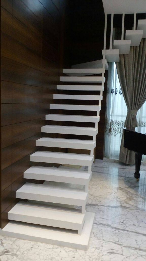 L Shaped Solid White Cantilever Staircase