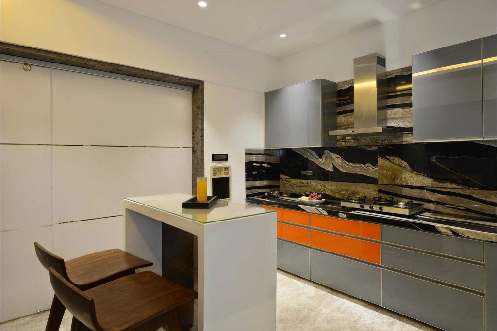 One Wall Kitchen with Granite Countertop Grey Orange Shaded Lower Kitchen