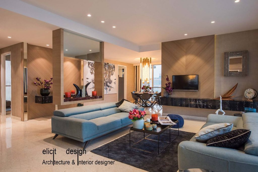 Open Concept Luxurious Living and Dining Room with Upholstered Sofa