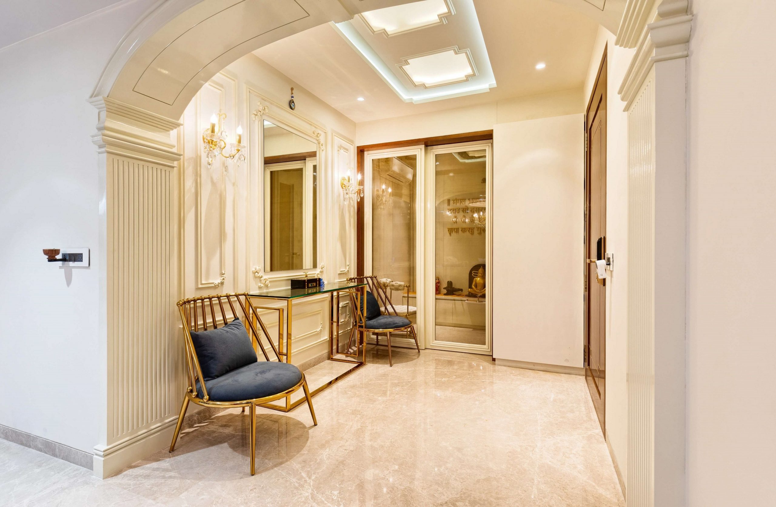 Pooja Room enclosed by 2 Door Sliding Wooden cum Glazed Door