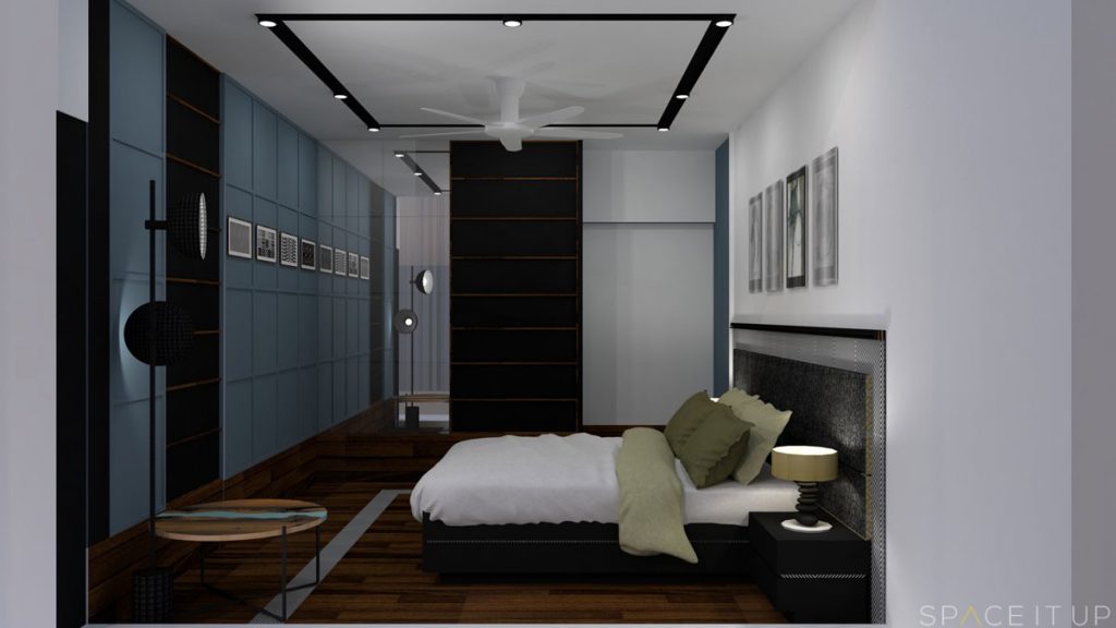 Bedroom has a Combination of Brown, White & Pale Blue