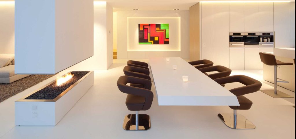 Ultra Luxurious Contemporary White Theme Dining Room with 6 seater Dining Table Chairs