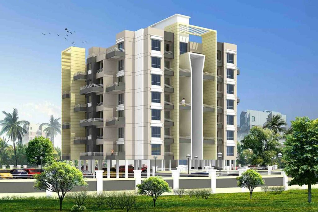 3D View of 8 – Storied Apartment with Car Parking on Ground Floor on Trees on periphery