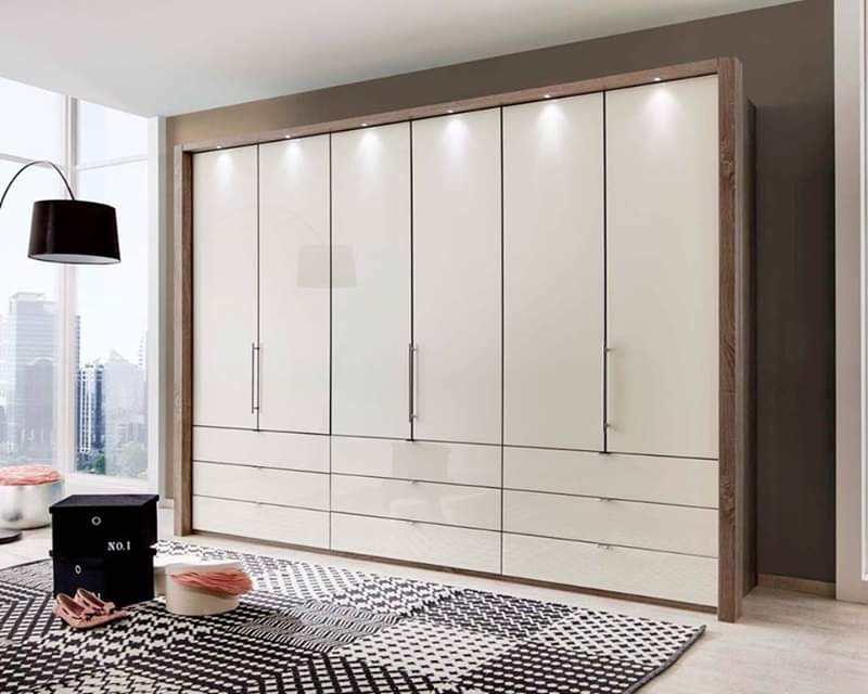 6 – Door Wooden Openable Wardrobe, with Drawers below & Small Recessed Lights highlighting the Doors of Wardrobe from above