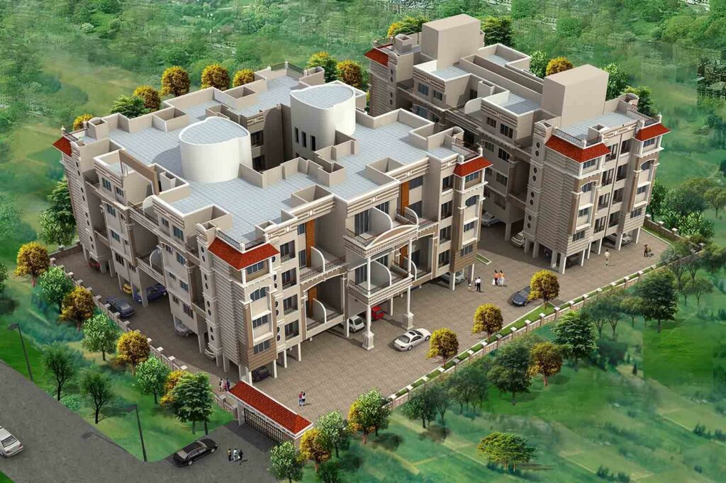 Birds Eye View of Low Rise Apartment Blocks with Car Parking & Trees surrounded on the Periphery of the Premises!