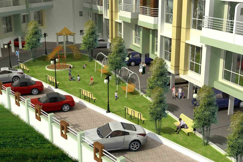 Birds Eye View of Low Rise Apartment Blocks with Parking Area on Ground Floor & Trees on the Periphery of the Premise incl. Children Pay Area