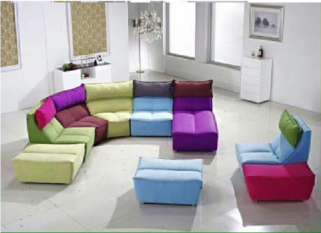 Colorful Modular Sectional Sofa with Right Facing Chaise Lounge with Headrest and Colourful Poufs.