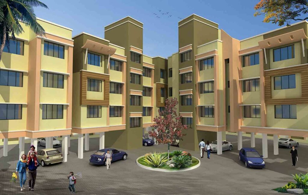 Exterior 3D View of two Low Rise Apartments with Parking on Ground Floor & Landscape Island besides it!