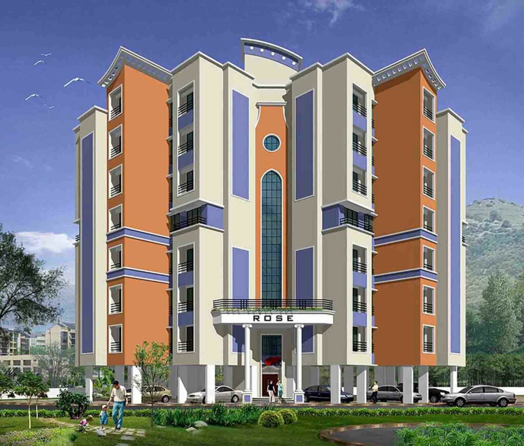 Exterior View of 8 – Storeyed Apartment with Parking Area on the Ground Floor & a Lush Green Lawn besides