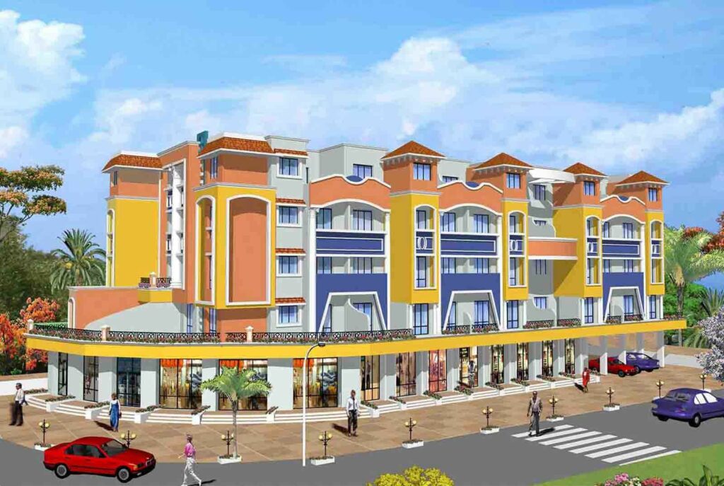Exterior View of Low Rise Apartment Blocks with Commercial Shops on the Ground Floor