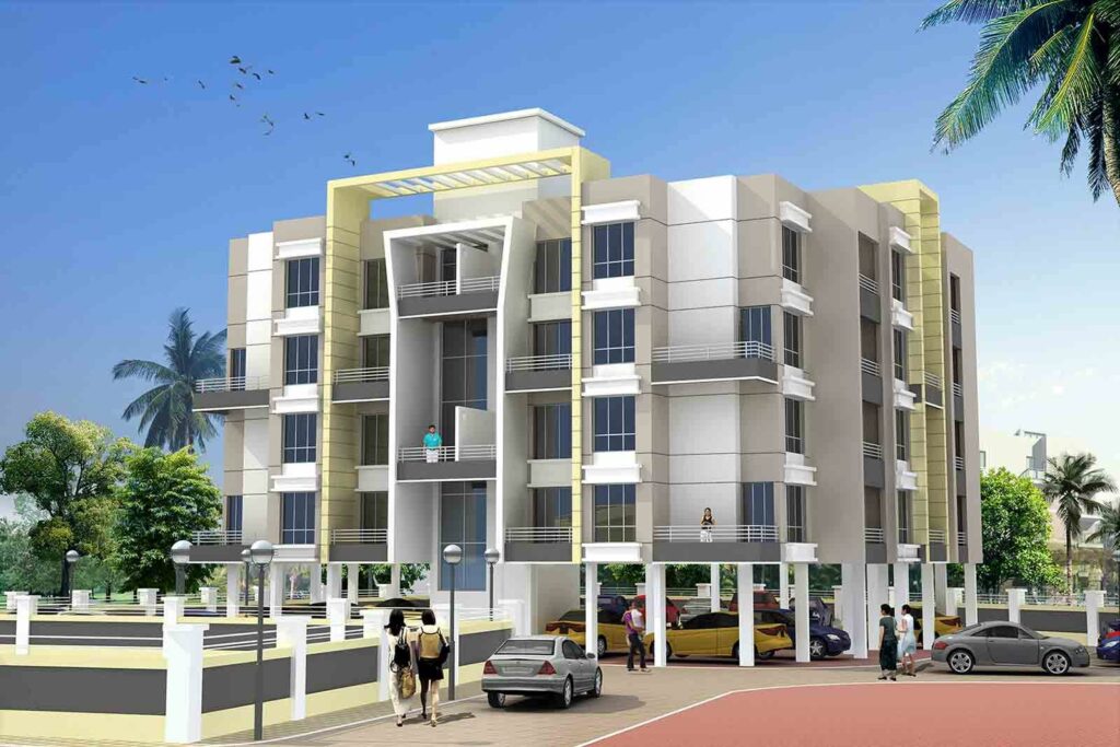 Exterior View of Low Rise Apartment with Parking Area on the Ground Floor with Trees on the periphery