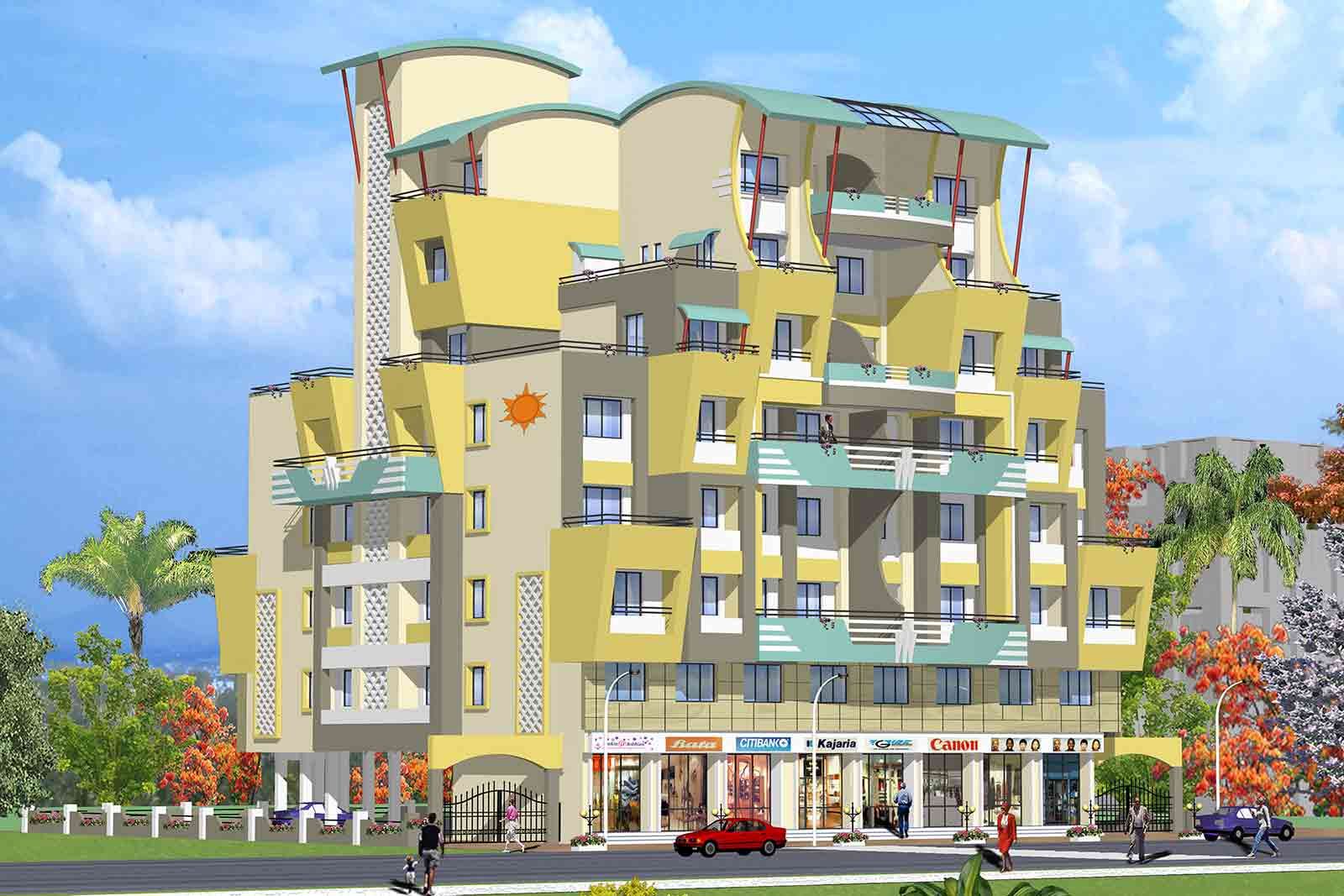 Exterior View of Low Rise Residential Apartment with Commercial Stores on Ground Floor