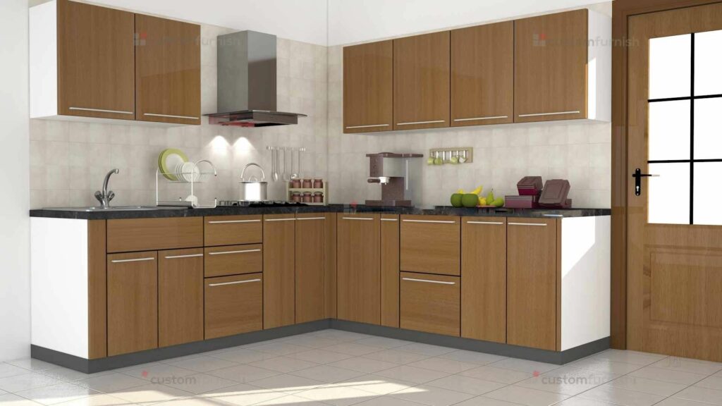 L – Shaped Modular Kitchen in Brown Theme