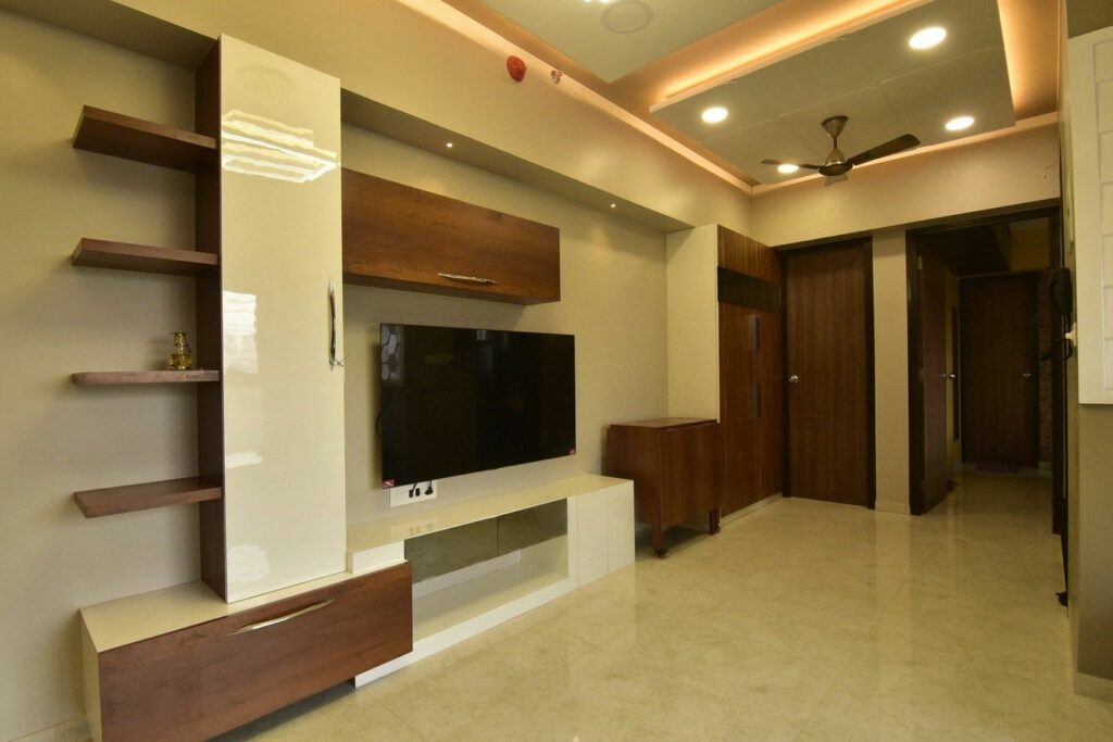 Minimalistic designed Wooden T.V. Unit with Linear Wall Shelves & Box Wall Cabinets