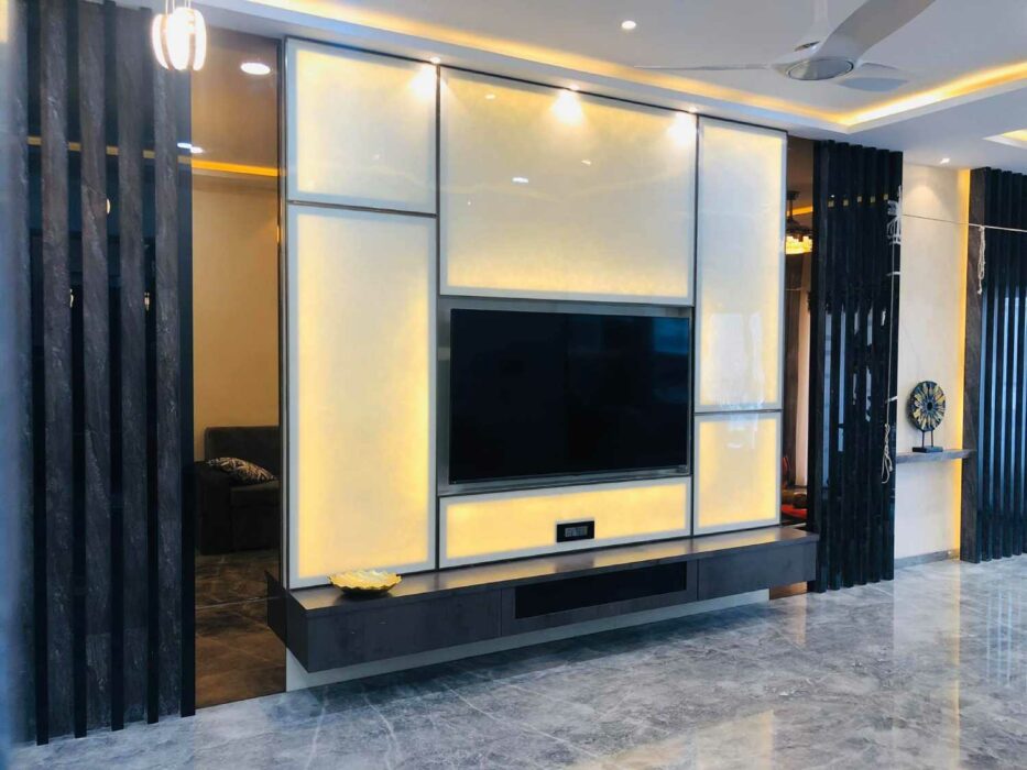 Wall mounted T.V. Unit with Lighted Wall Panels