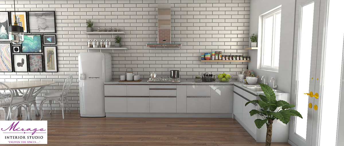 A grey coloured L shaped minimal modern kitchen with grey coloured wall.