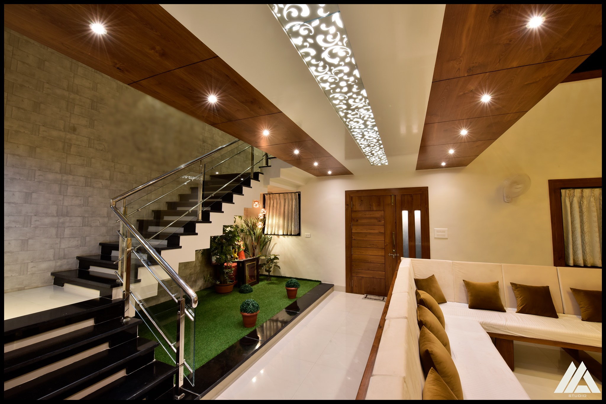 A modern living room having playful display of colours