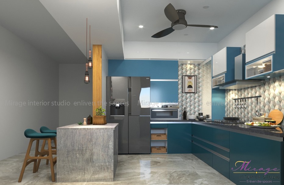 A modern looking kitchen having mix match colour of grey and blue with L-shaped kitchen platform