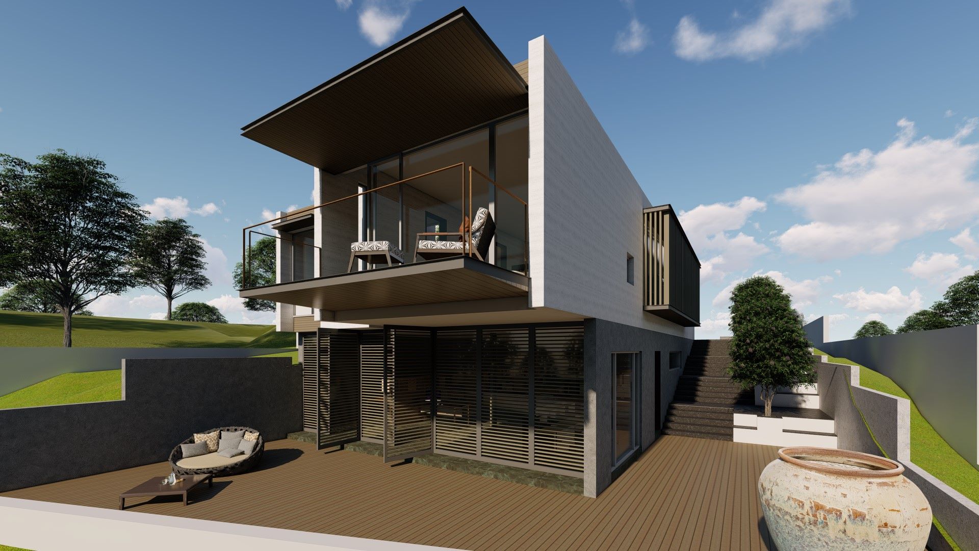 A two-storied rectilinear house on a sloping terrain with surrounding wall matching the profile of terrain.