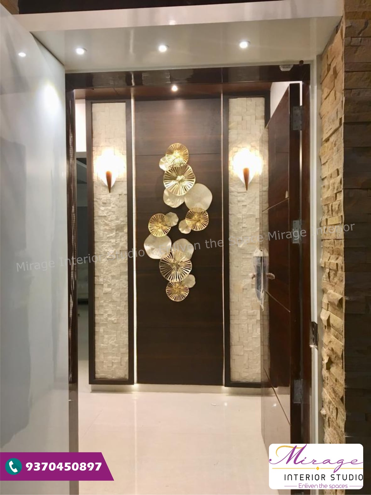 Brown colured door opening into a foyer with a partition made up of wooden panels