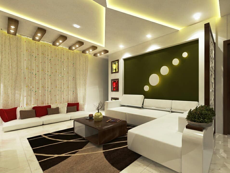 White-coloured modern living room with white rexine L-shaped sofa
