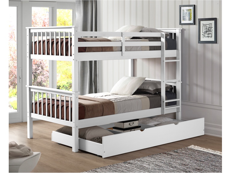 A grey coloured modern minimalistic bunk bed with storage below