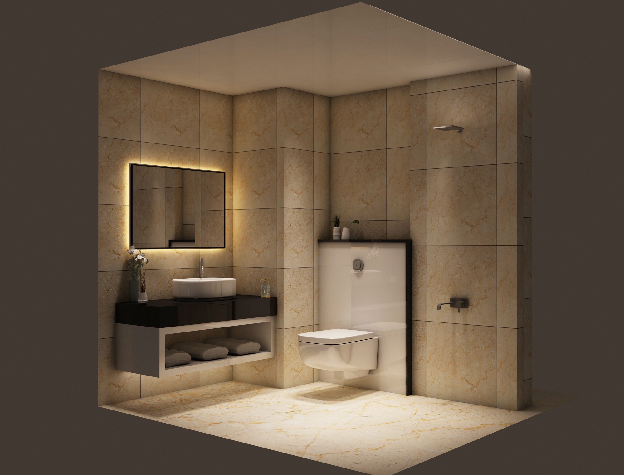 A modern minimalistic bathroom in pale yellow tone