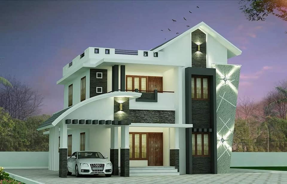 A modern two story house in white and tint of green with multiple roofing types