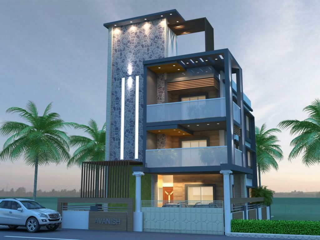 A three-storey house with a stone pattern stair cabin having a rectilinear long strips light and spotlights