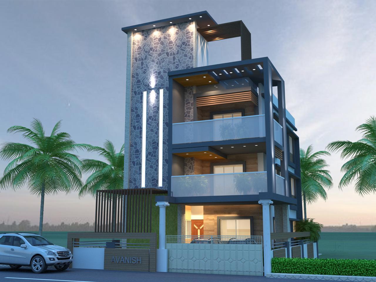 A three-storey house with a stone pattern stair cabin having a rectilinear long strips light and spotlights