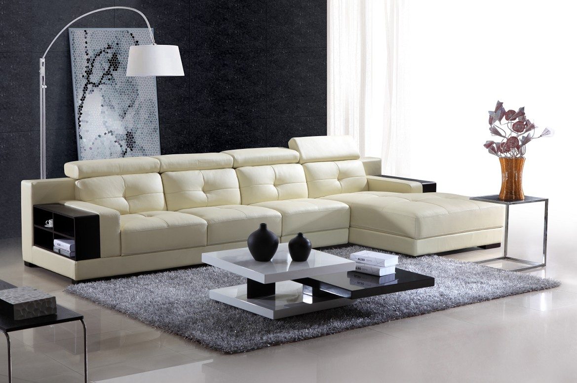 Four-seater white linear sofa with extended seating on an end