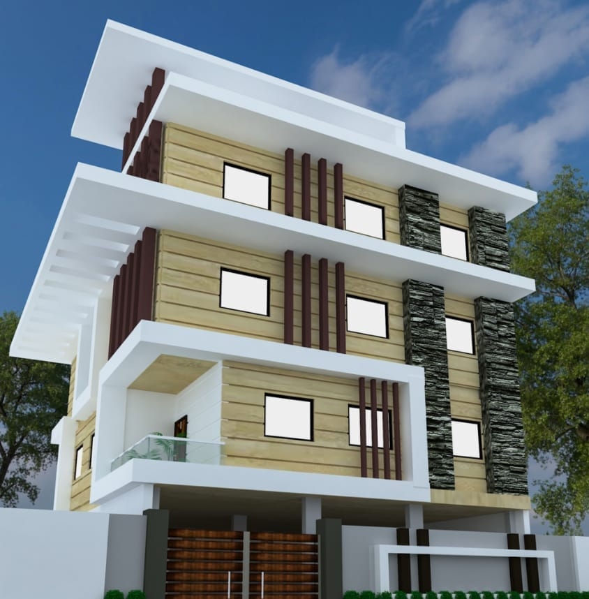 Four storied building with wood and stone façade