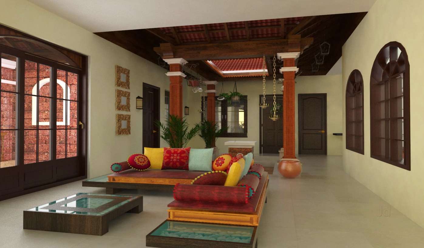 Kerala style inspired modern living room with a courtyard