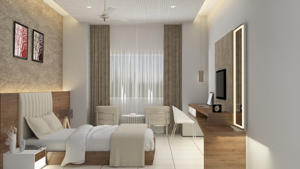 Modern minimalistic bedroom in shades of white and brown with multiple textures