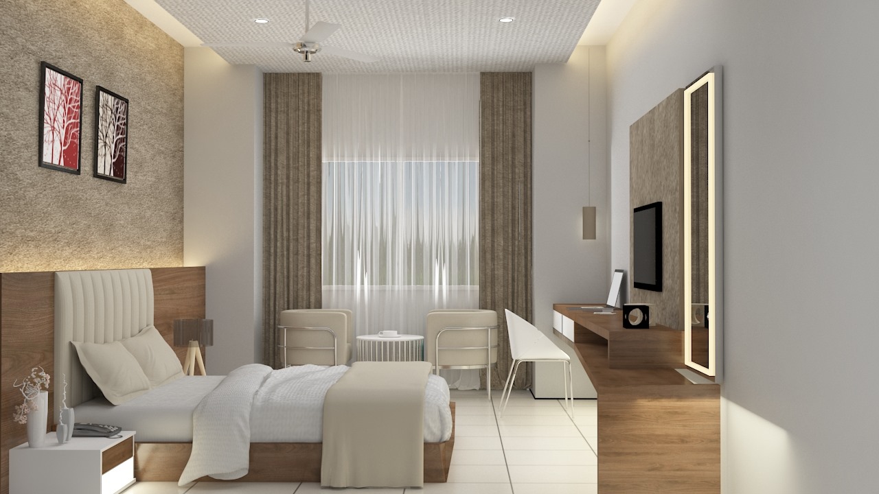 Modern minimalistic bedroom in shades of white and brown with multiple textures