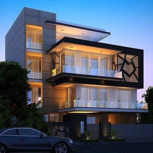 Three storied modern minimalistic building with private balconies at all levels