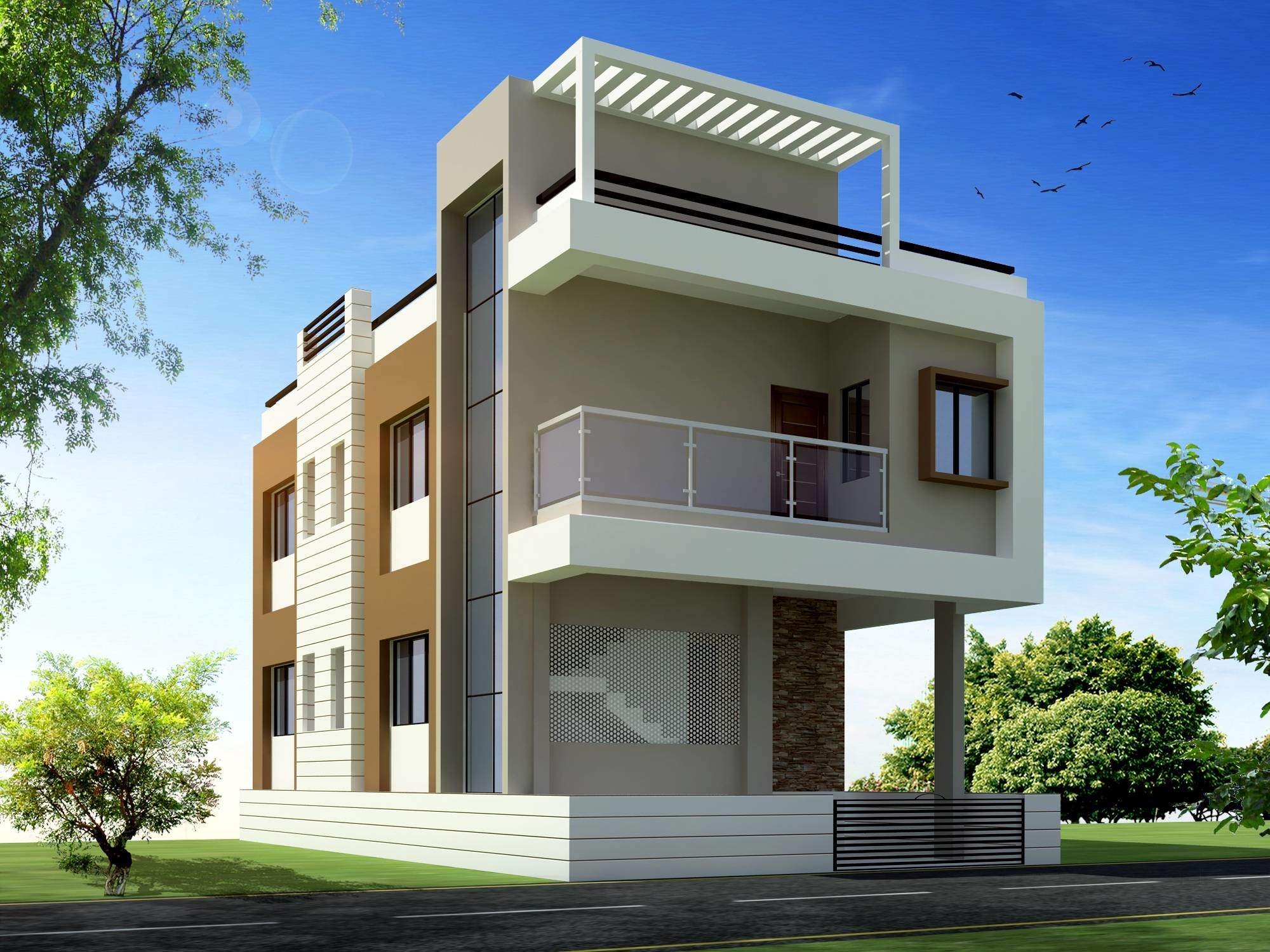 Two storied yellow-brown cuboidal building