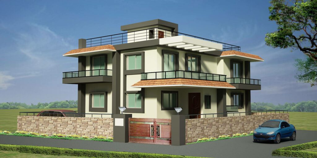 Two-story modern cubical house with major overhangs