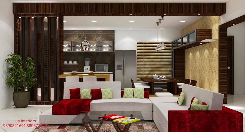 White-coloured modern design living room overlooking the kitchen