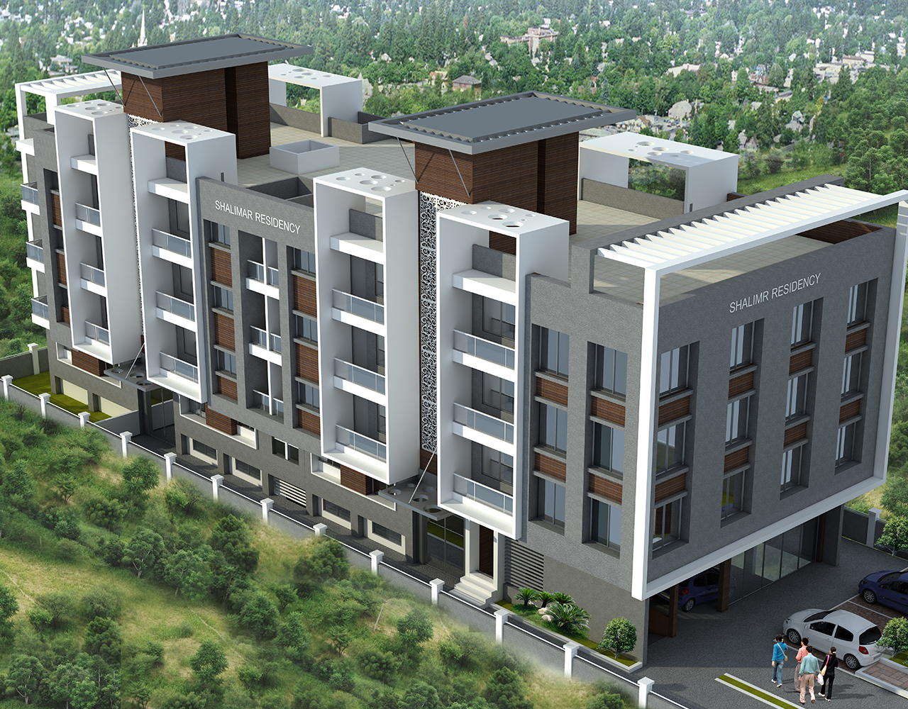 A grey, white and brown modern residential 3 storey structure
