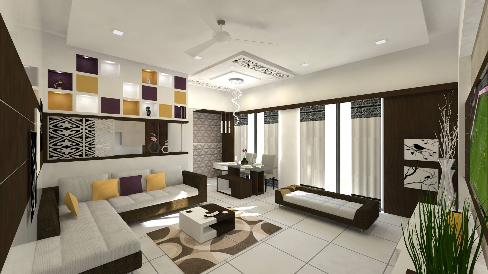 Bright white design with a contrasting combination of yellows and greys living room