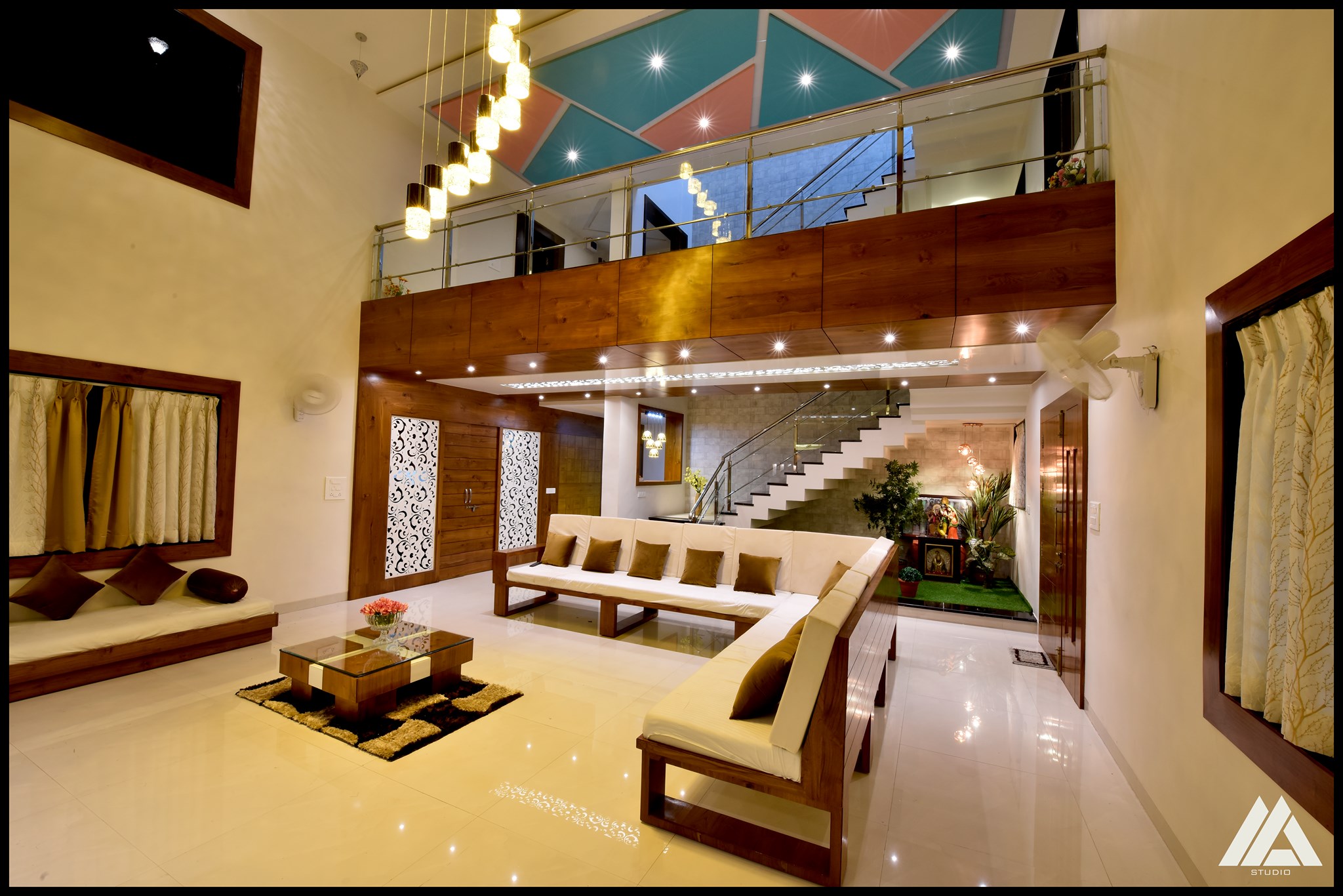 Double-heighted modern living room in the theme of neutral tones