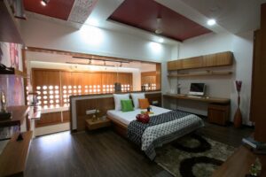 Modern bedroom with an interesting use of wood