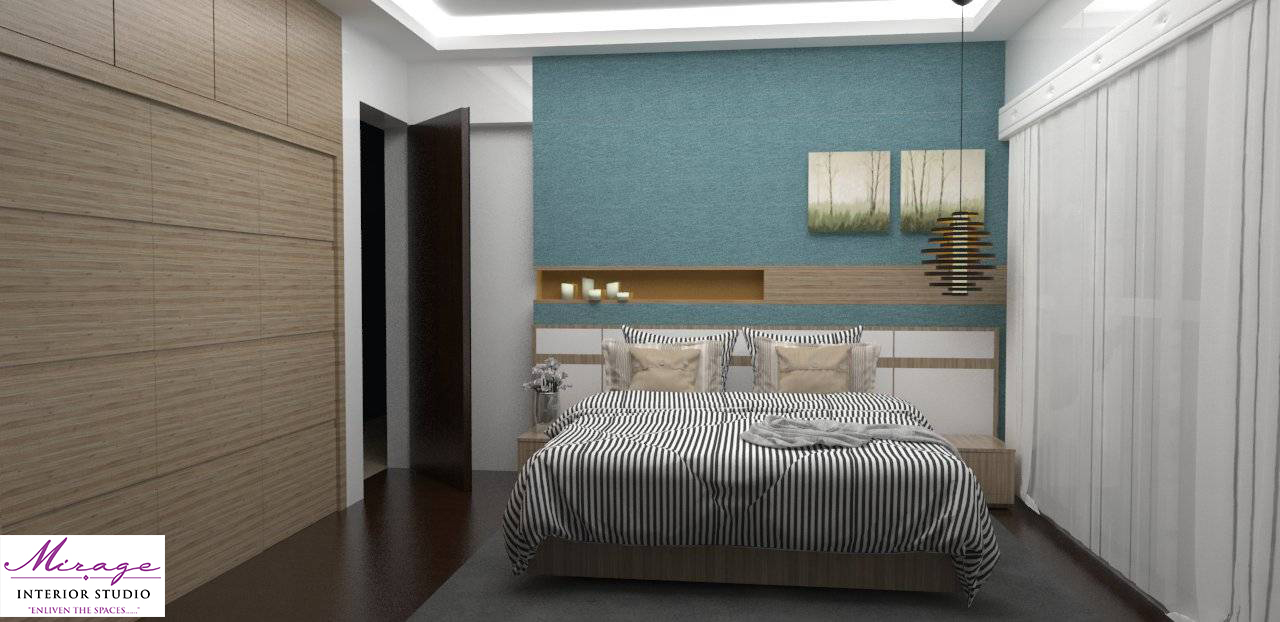 Modern bedroom with classic combinations of light blue, black &amp; white and light brown wood